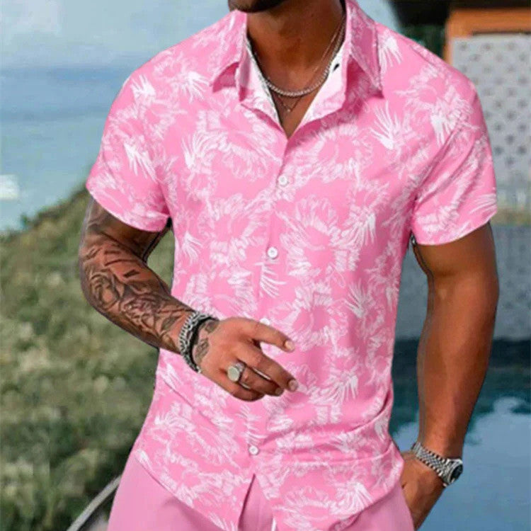 Lapel 3D Printed Casual Slim-fitting Type Short Sleeve Shirt Outfit